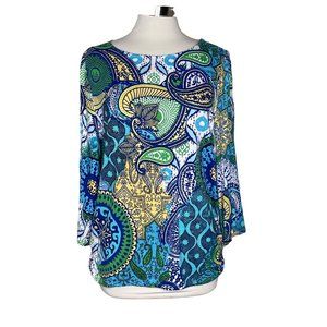 Chico’s 2 bell sleeve top paisley print blue green